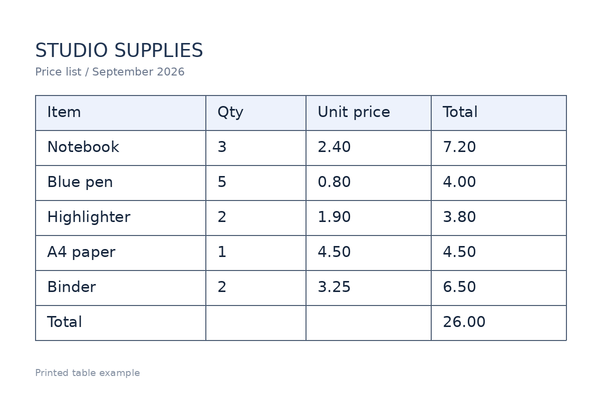 Example printed studio supplies and prices